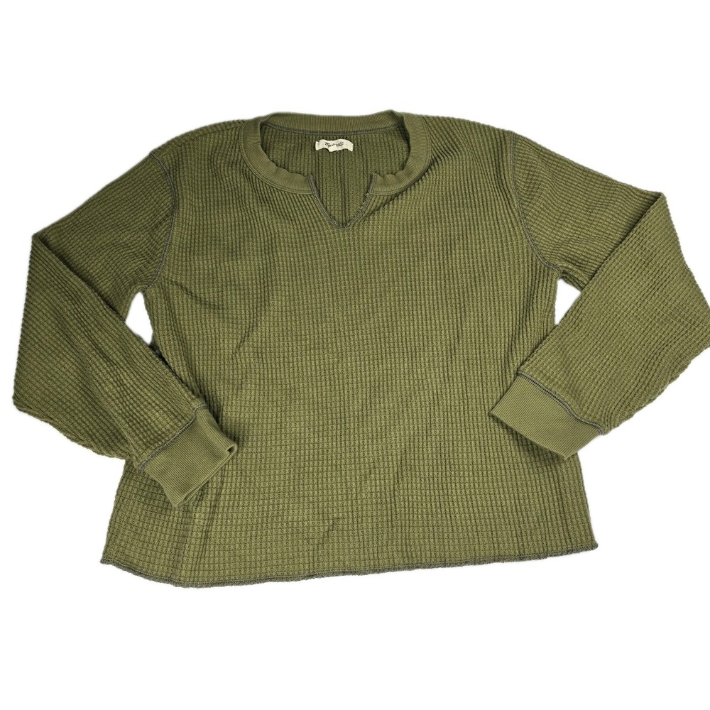 Madewell Womens Olive Green Waffle Knit Notch Neck Thermal Top Size Medium